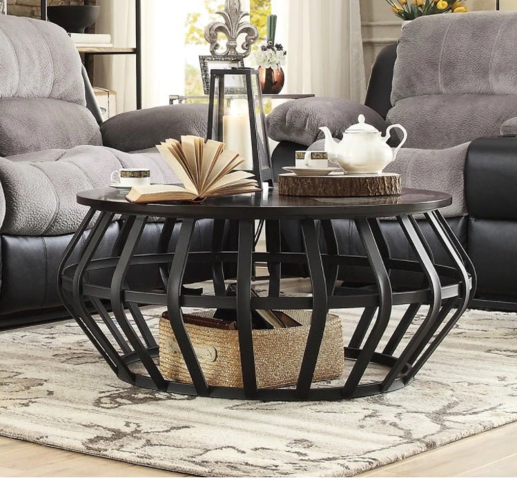 INDANG Metal Frame Round Cage Slate Accent Coffee Table – handcrafted solid wood furniture
