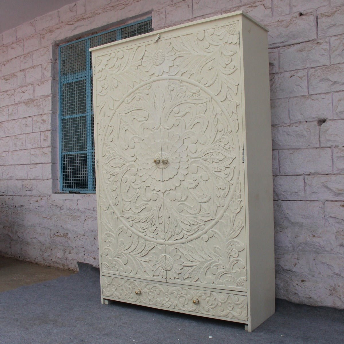 Indian Hand Carved Floral Design Solid Wooden Wardrobe/ Armoire – handcrafted solid wood furniture