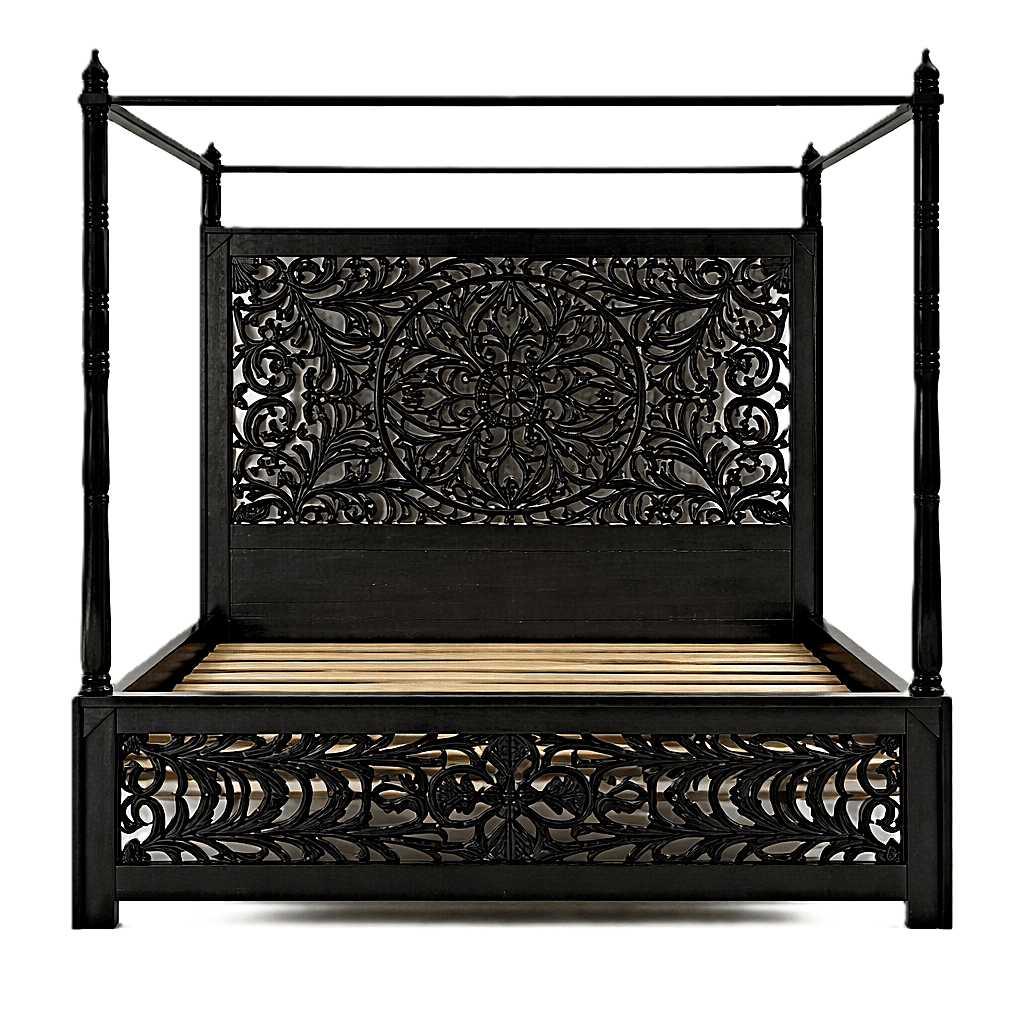 Indian Hand - Carved Wood Canopy Platform Platform Bed Frame – handcrafted solid wood furniture