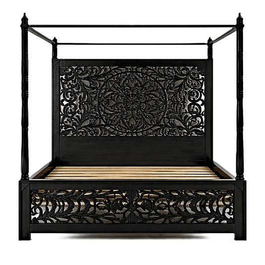 Indian Hand - Carved Wood Canopy Platform Platform Bed Frame – handcrafted solid wood furniture
