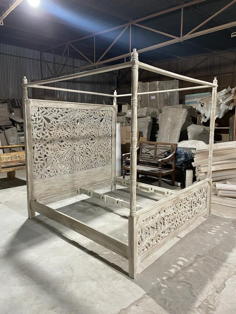 Indian Hand - Carved Wood Canopy Platform Platform Bed Frame – handcrafted solid wood furniture