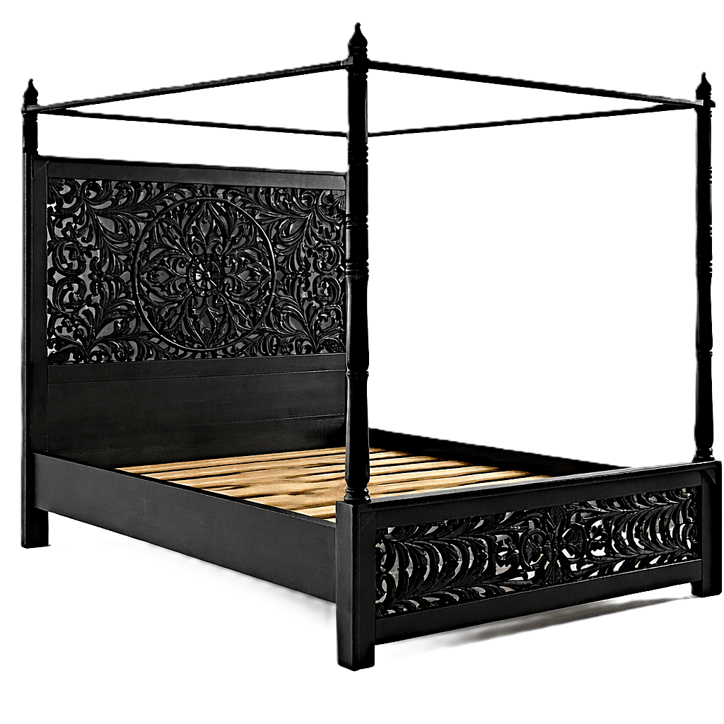 Indian Hand - Carved Wood Canopy Platform Platform Bed Frame – handcrafted solid wood furniture