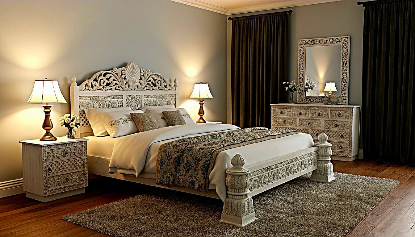 Juffair Hand Carved Solid Wood Bed by Furniture Home LLC – handcrafted solid wood furniture made in India