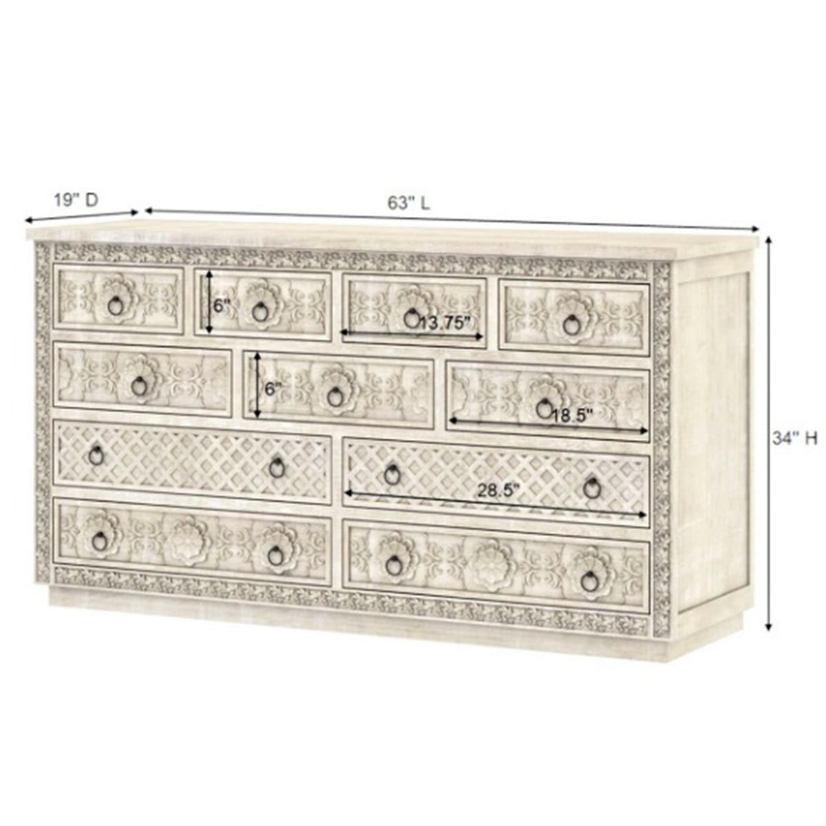 Juffair Hand Carved Wooden eleven Drawer Dresser – handcrafted solid wood furniture