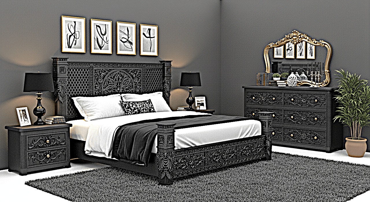 Kasbah Hand-Carved Solid Wooden Platform Bed/Bedroom Set – handcrafted solid wood furniture