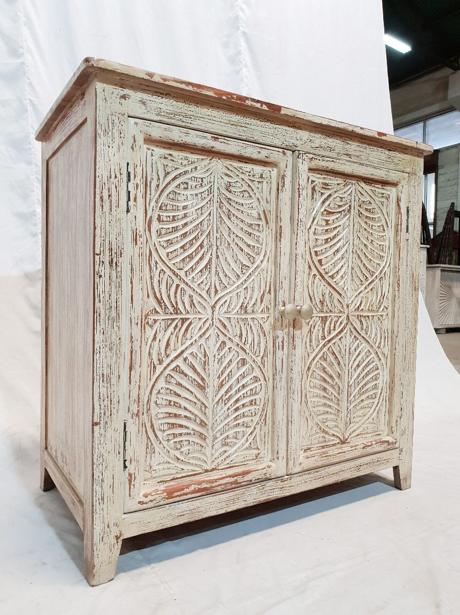 Leaf Design Hand Carved Solid Wooden Cabinet, Storage Sideboard – handcrafted solid wood furniture