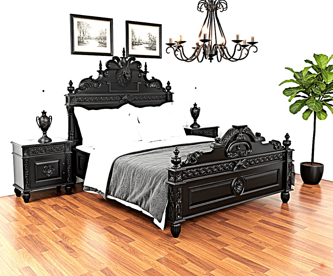 Lion Head Hand Carved Elegant Design Gothic Style Platform Bed – handcrafted solid wood furniture