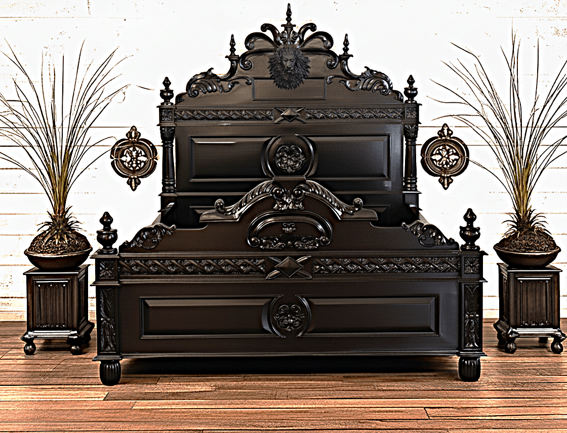 Lion Head Hand Carved Elegant Design Gothic Style Platform Bed – handcrafted solid wood furniture