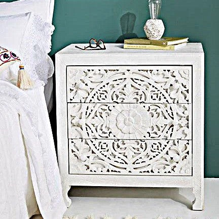 Lombok Handmade Wooden Nightstand / Hand Carved Floral Nightstand