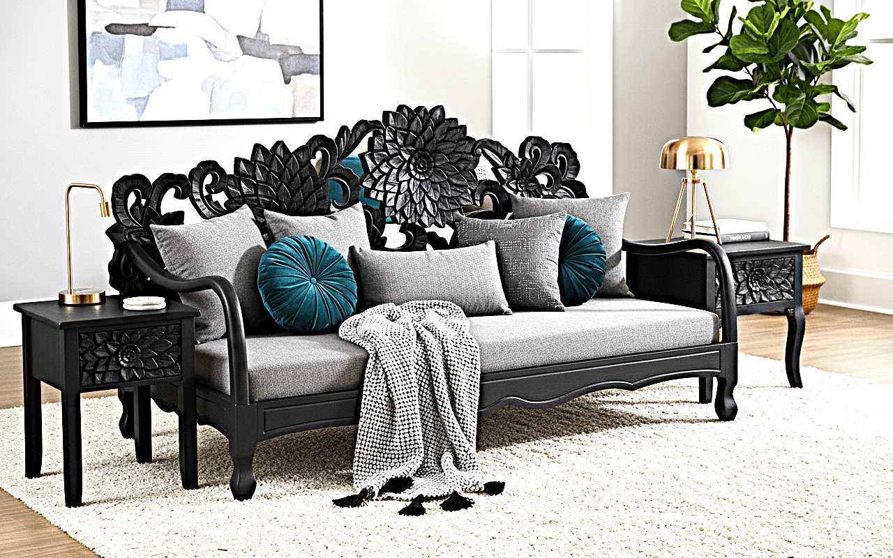 Lotus Hand Carved Solid Wooden Indoor / Outdoor Daybed by Furniture Home LLC – handcrafted solid wood furniture made in India