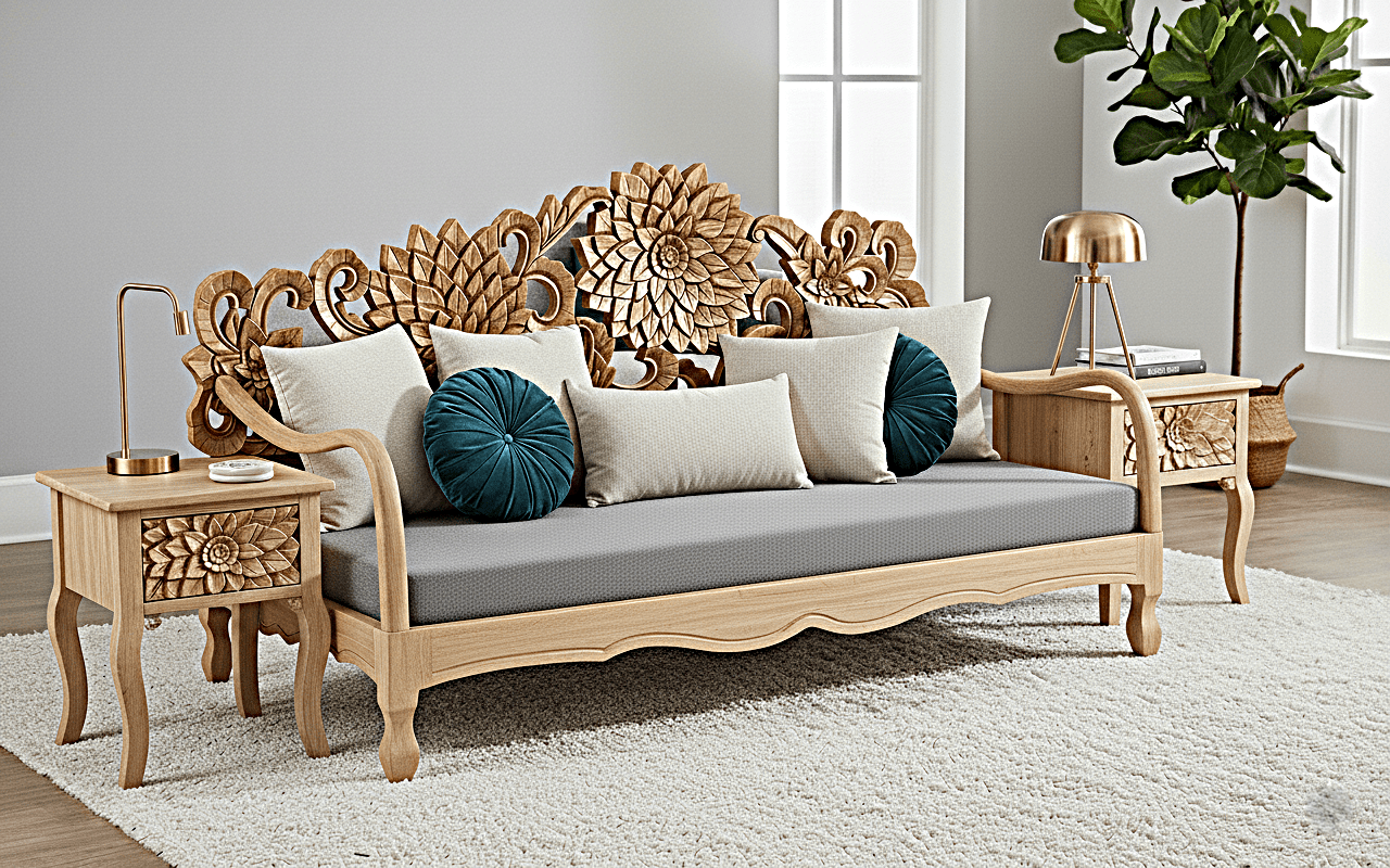 Lotus Hand Carved Solid Wooden Indoor / Outdoor Daybed by Furniture Home LLC – handcrafted solid wood furniture made in India