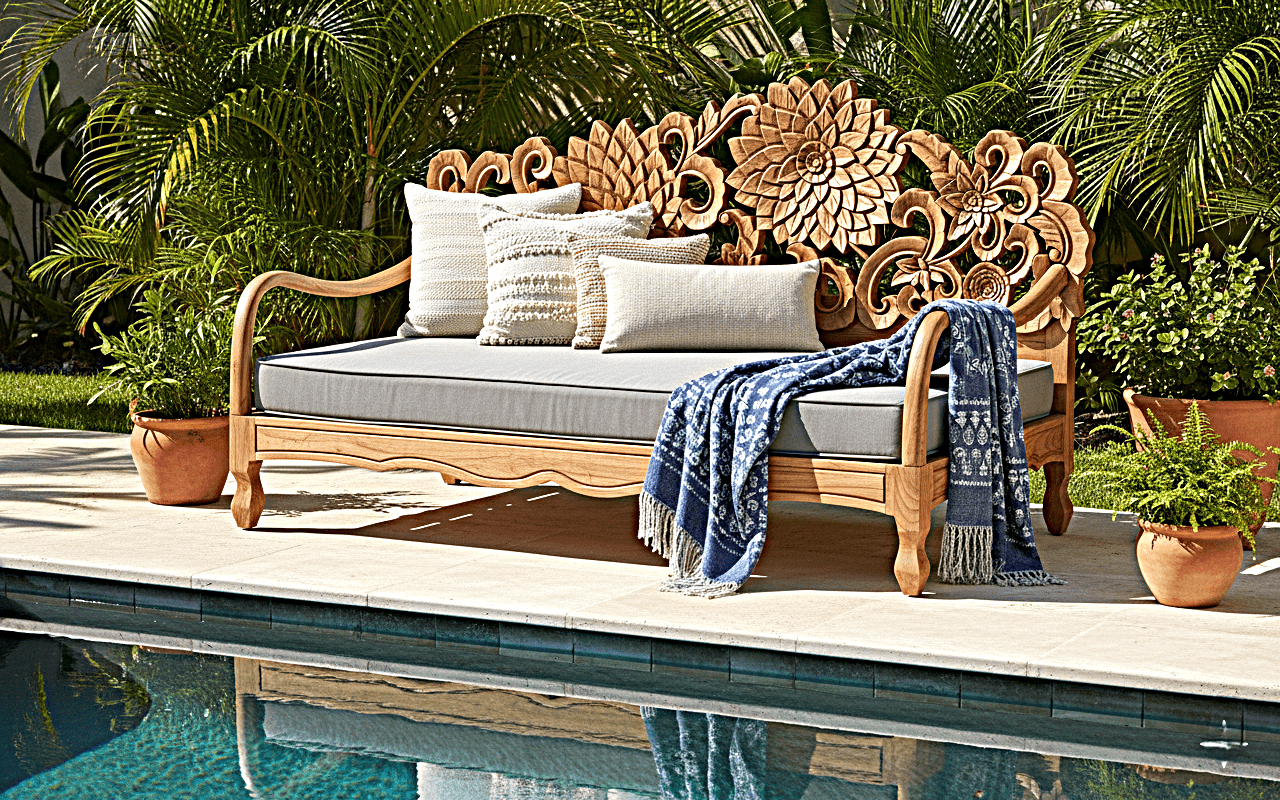 Lotus Hand Carved Solid Wooden Indoor / Outdoor Daybed by Furniture Home LLC – handcrafted solid wood furniture made in India
