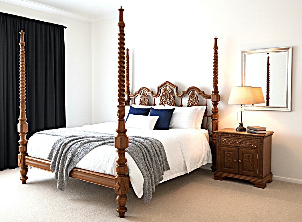 Mace Indian Hand Carved Wooden Colonial Posters Platform Bed – handcrafted solid wood furniture