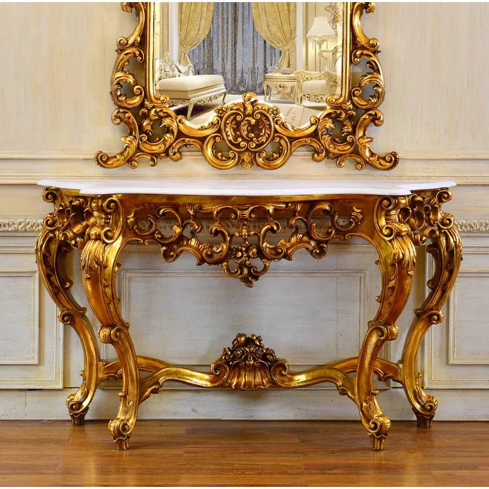Majestic Hand Carved Solid Mango Wood Console Table and Mirror Set – handcrafted solid wood furniture