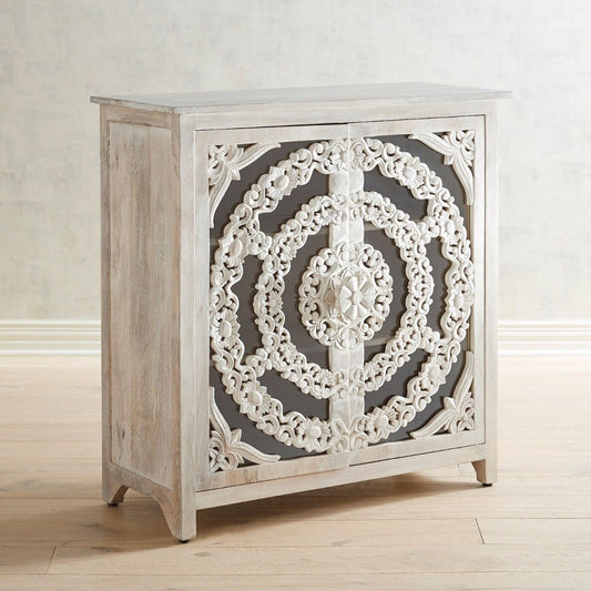 Modern Handcarved Indian Floral Arched Carved Glass Doors Sideboard – handcrafted solid wood furniture