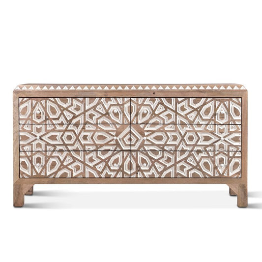 Mughal Garden Geometrical Hand Carved Natural 6 Drawers 2 Tone Dresser – handcrafted solid wood furniture