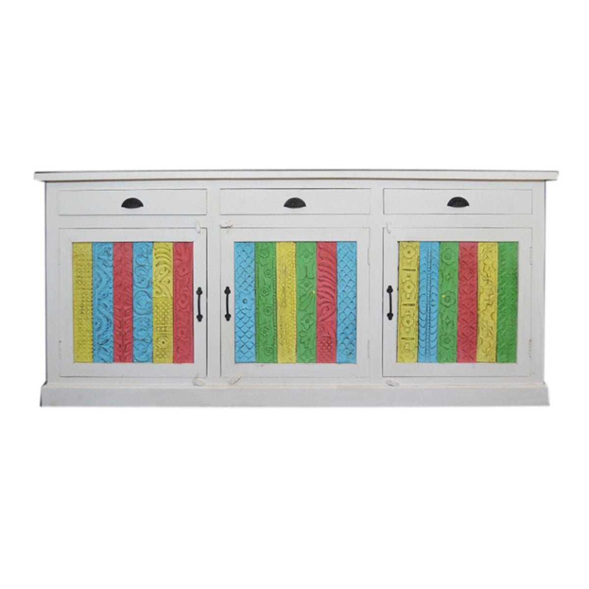 RAINBOW CARVED 3 DOOR WOODEN SIDEBOARD - White - 180 - 40 - 90 – handcrafted solid wood furniture