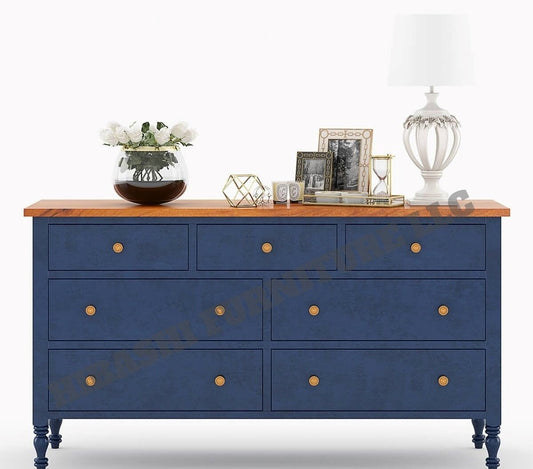 RECTO Blue Two Tone Solid Wood 7 Drawer Bedroom Dresser – handcrafted solid wood furniture