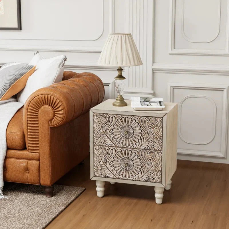 Sakyar Hand - Carved Solid Mango Wood Nightstand – handcrafted solid wood furniture