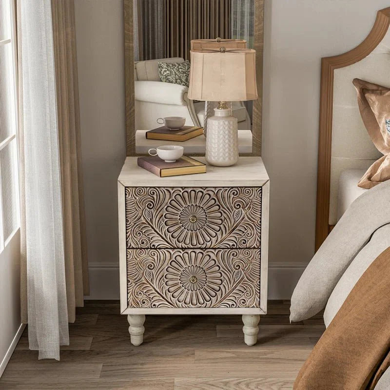 Sakyar Hand - Carved Solid Mango Wood Nightstand – handcrafted solid wood furniture