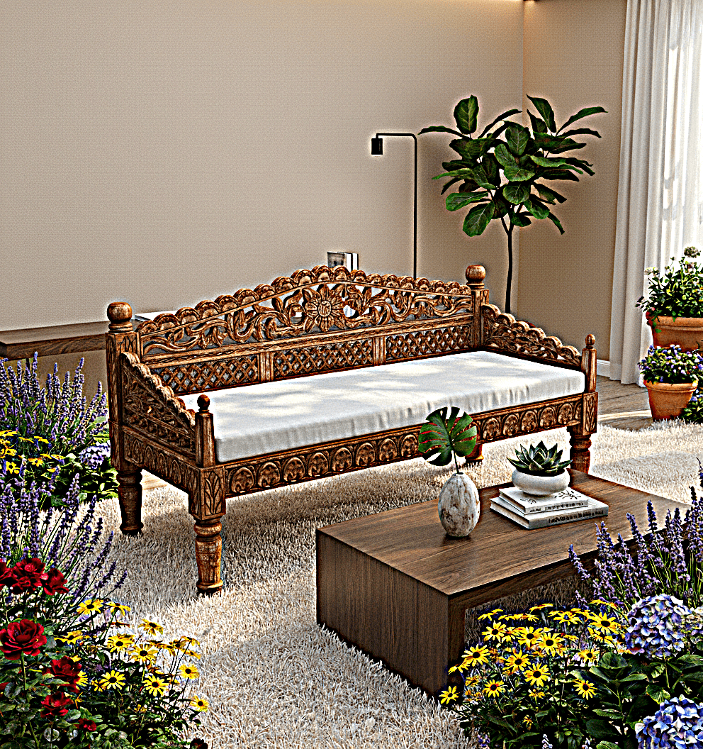 Silaw Hand Carved solid wooden indoor / Outdoor Daybed by Furniture Home LLC – handcrafted solid wood furniture made in India