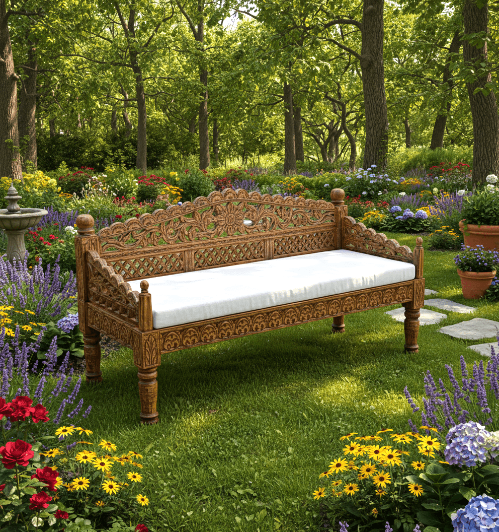 Silaw Hand Carved solid wooden indoor / Outdoor Daybed by Furniture Home LLC – handcrafted solid wood furniture made in India