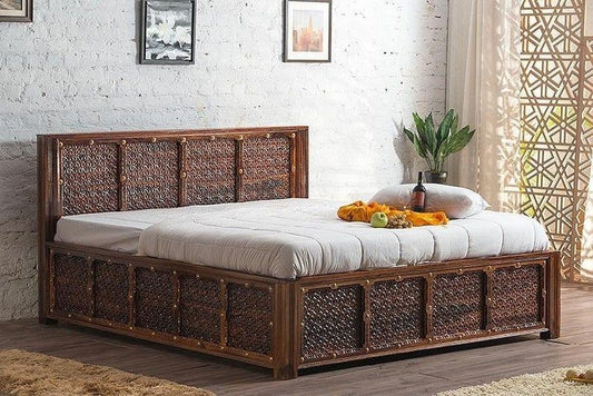 Solid Wood Brass Panache Bed with Storage and Embossed Antique Brass Work – handcrafted solid wood furniture