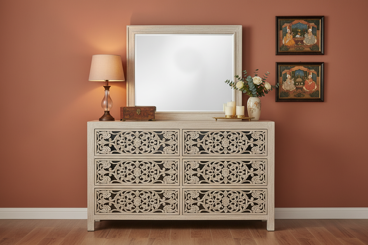 Shahi Mughal Hand-Carved Indian Solid Wood Platform Bed & Bedroom Collection