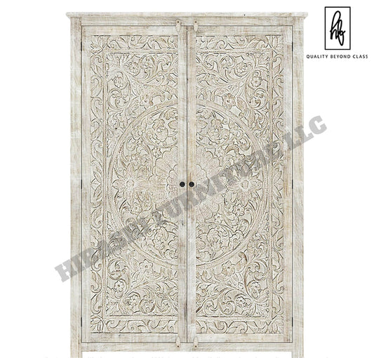 Sunflower Hand carved Solid Wood Large White Wardrobe Armoire – handcrafted solid wood furniture