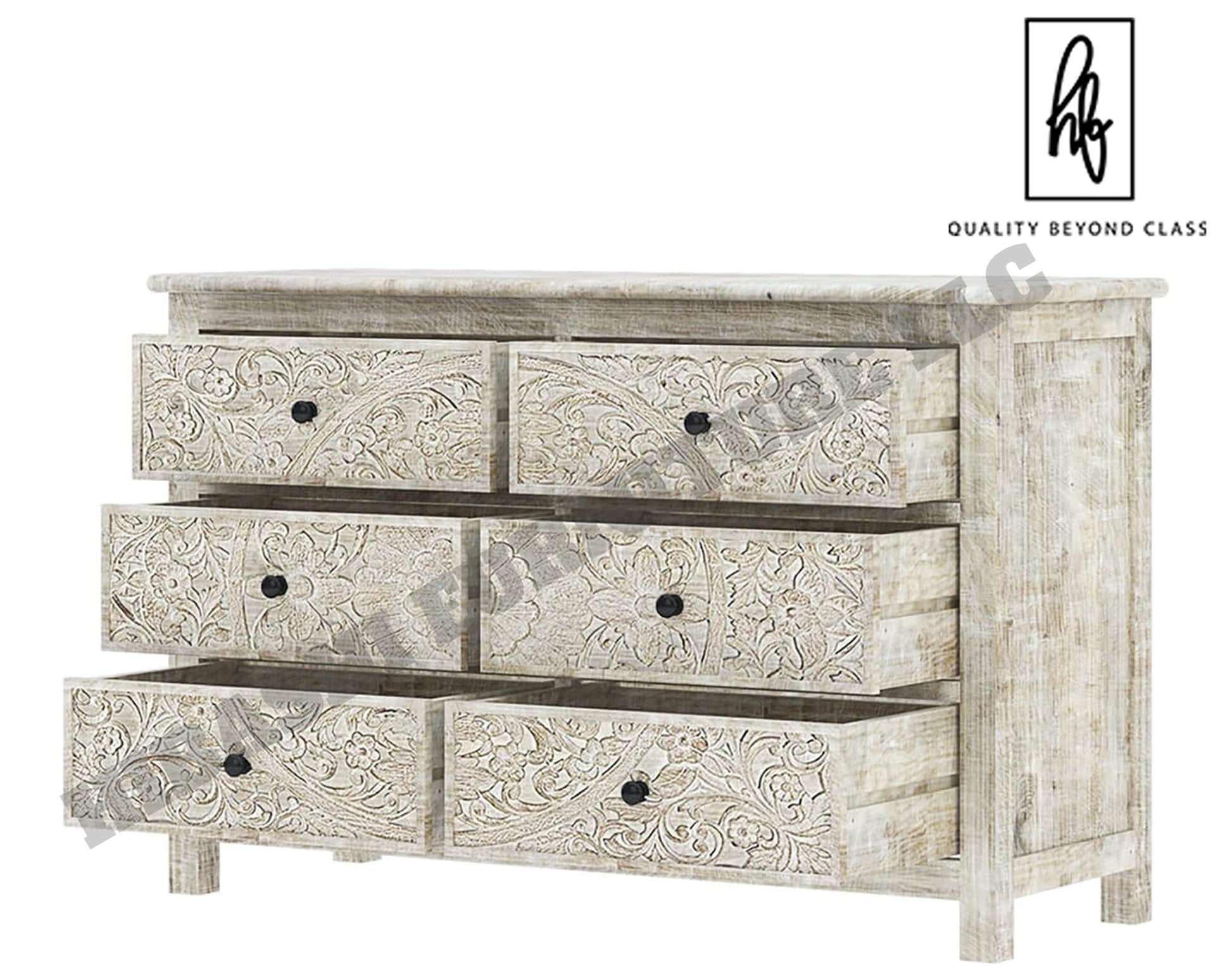 Sunflower Handcarved Solid Wood 6 Drawer White Bedroom Dresser – handcrafted solid wood furniture