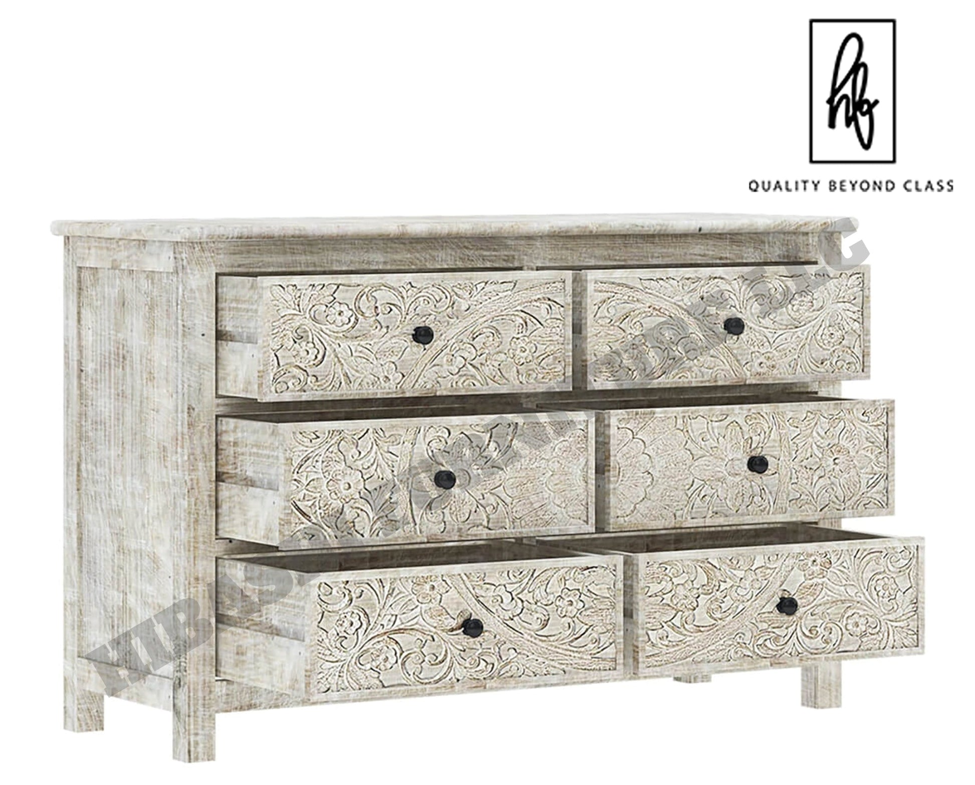 Sunflower Handcarved Solid Wood 6 Drawer White Bedroom Dresser – handcrafted solid wood furniture