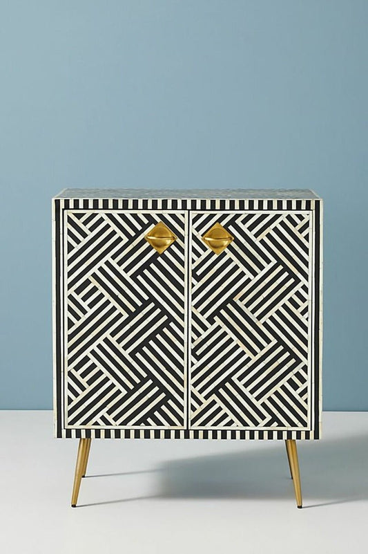 Zallaq Optical Bone Inlay Cabinet in Black – handcrafted solid wood furniture