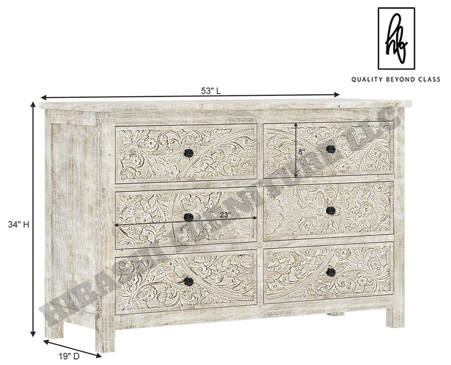 Sunflower Handcarved Solid Wood 6 Drawer White Bedroom Dresser