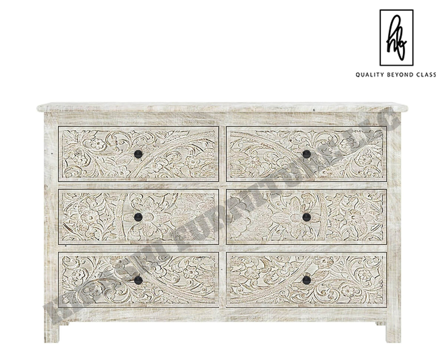 Sunflower Handcarved Solid Wood 6 Drawer White Bedroom Dresser