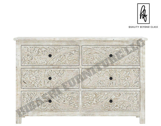 Sunflower Handcarved Solid Wood 6 Drawer White Bedroom Dresser