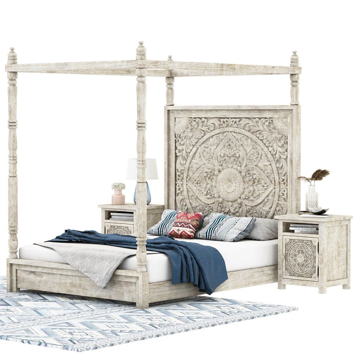ILANO Weathered Hand-carved Solid Mango Wood Canopy Platform Bed