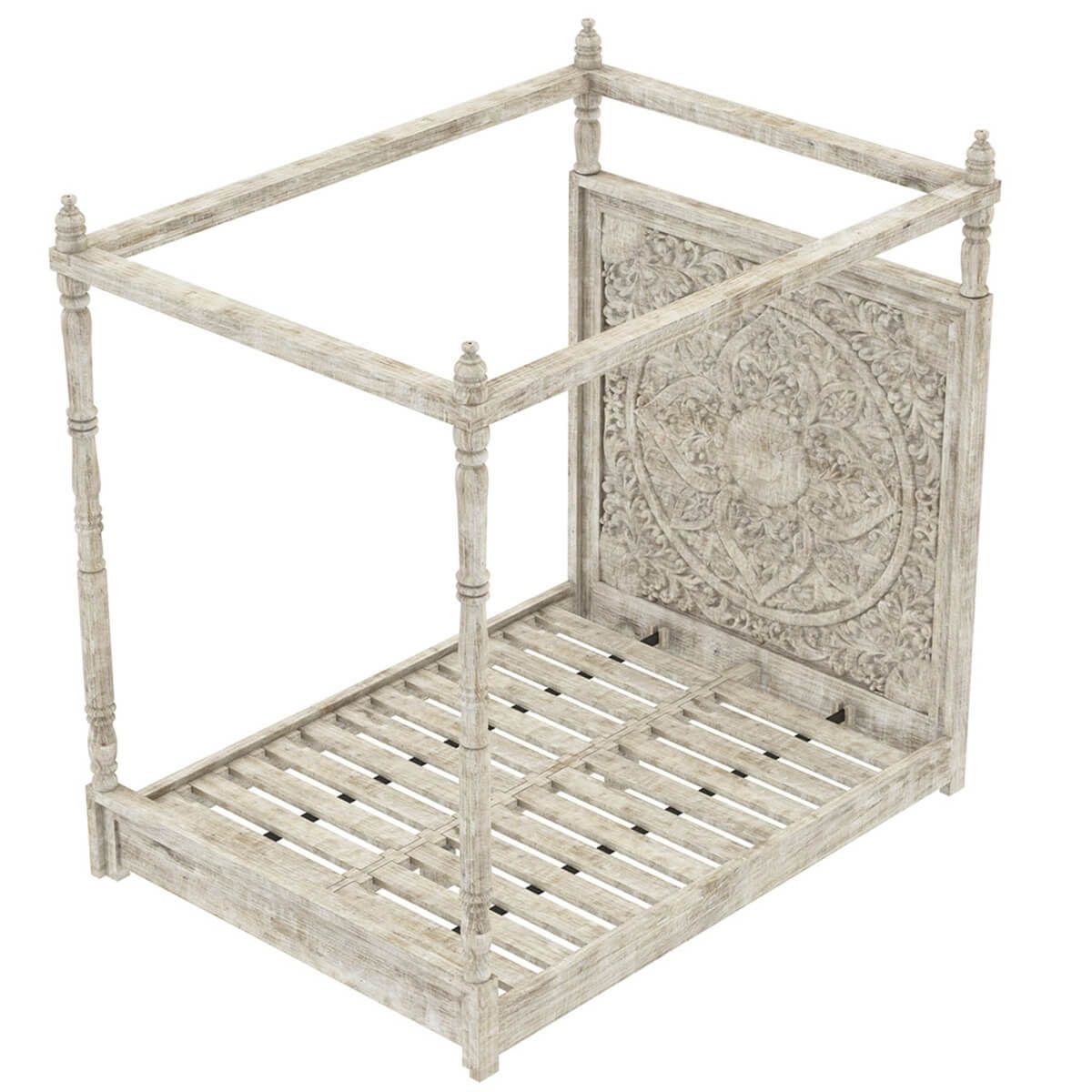ILANO Weathered Hand-carved Solid Mango Wood Canopy Platform Bed