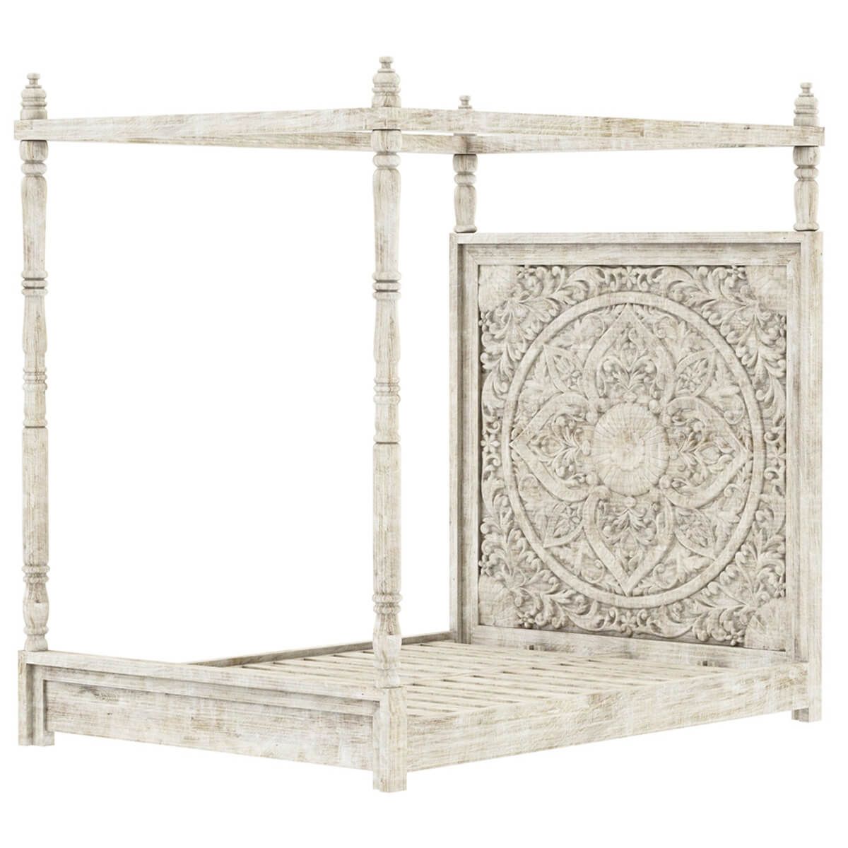 ILANO Weathered Hand-carved Solid Mango Wood Canopy Platform Bed