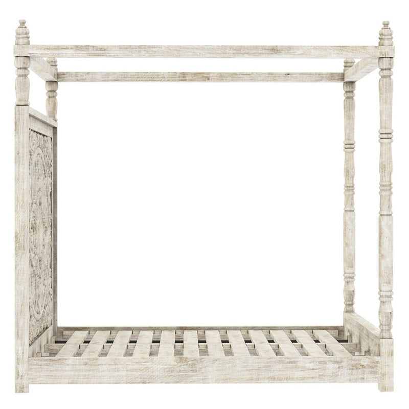 ILANO Weathered Hand-carved Solid Mango Wood Canopy Platform Bed