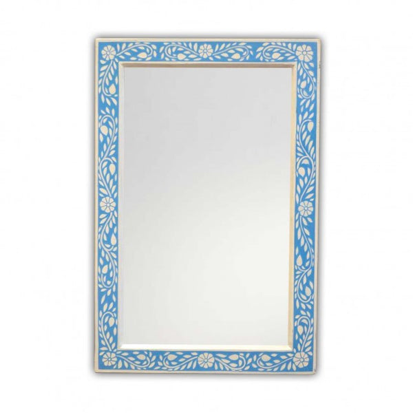 Floral Painted Reclaimed Wood Wall Mirror Frame Blue