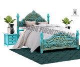 Hand Carved Turquoise Solid Mango Wood Platform Bed Frame