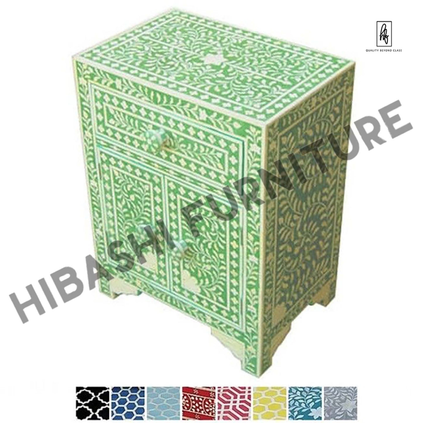 Rustic Floral Bone Inlay Handmade Bedside Table