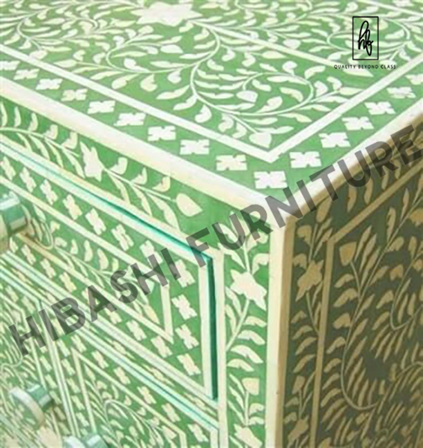 Rustic Floral Bone Inlay Handmade Bedside Table