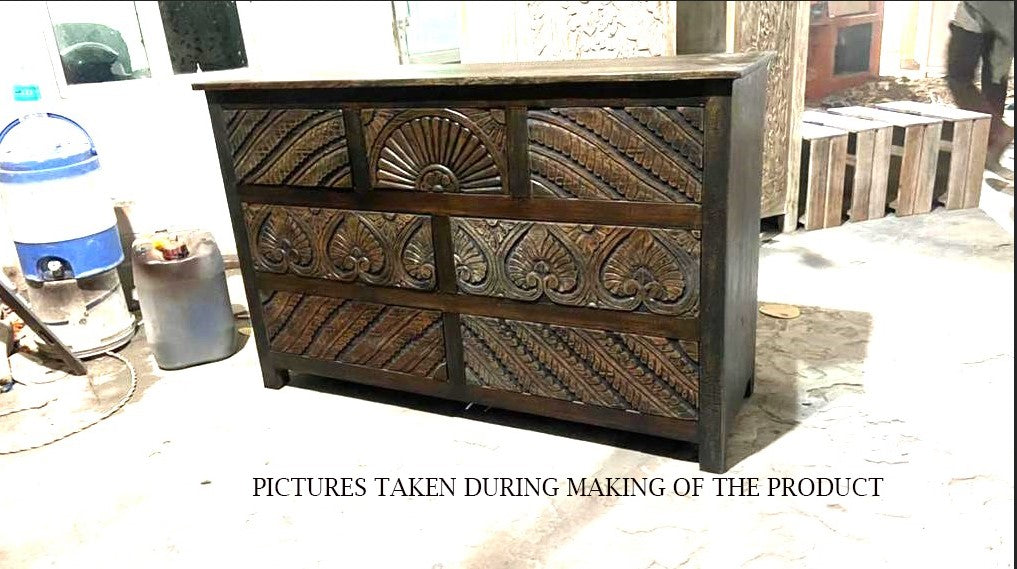 Mughal Garden Indian Hand Carved Reclaimed Wood 7 Drawer Rustic Dresser