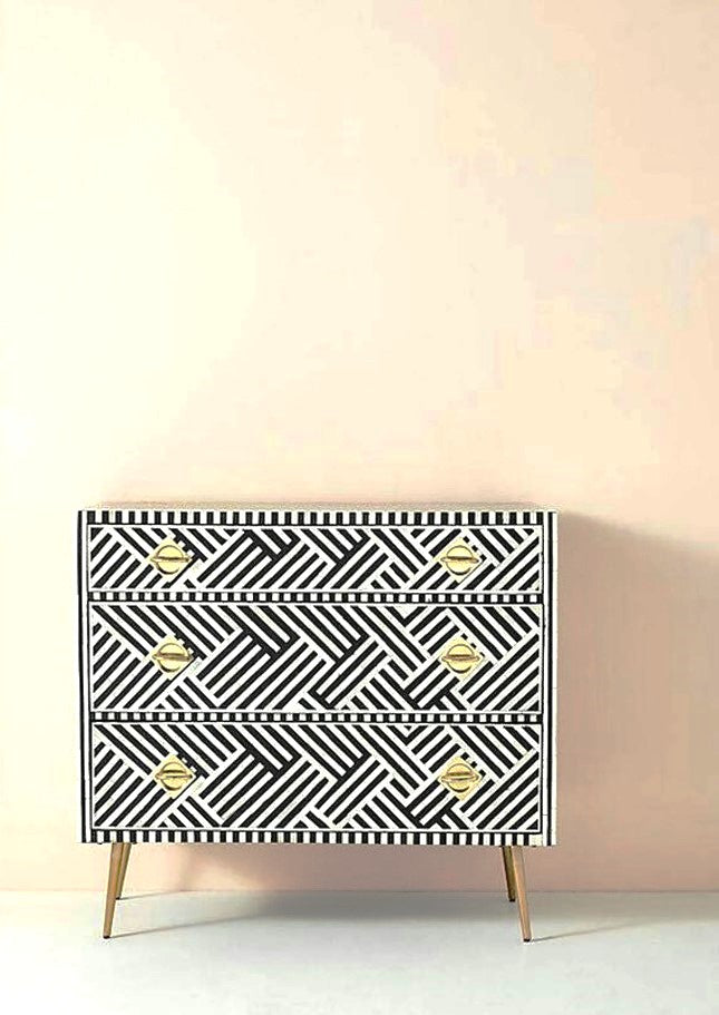 Bone Inlay Handmade 3 Drawer Black and white  Entryway / Bedside