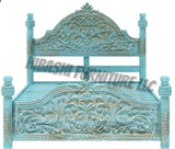 Hand Carved Turquoise Solid Mango Wood Platform Bed Frame