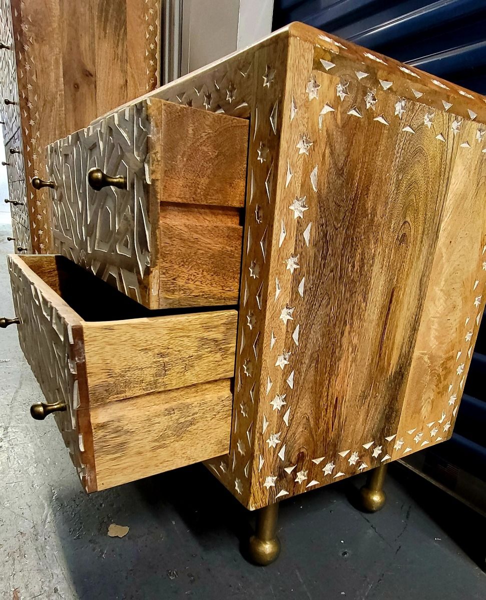 Mughal Garden Geometrical Carved Natural 2 Tone Bedside / Nightstand