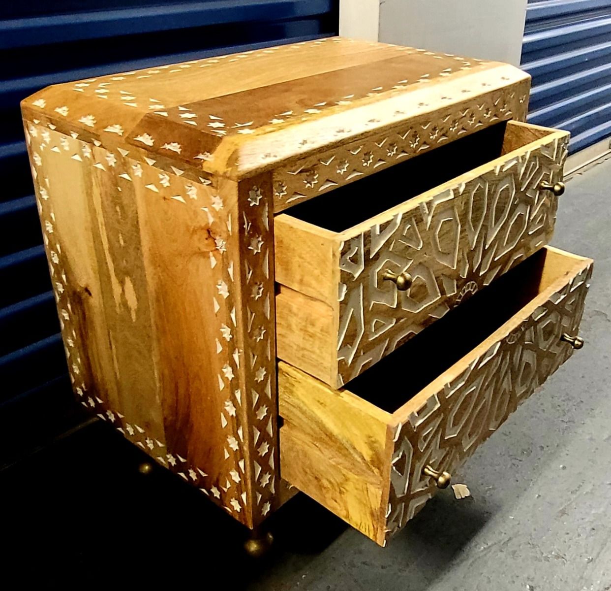 Mughal Garden Geometrical Carved Natural 2 Tone Bedside / Nightstand