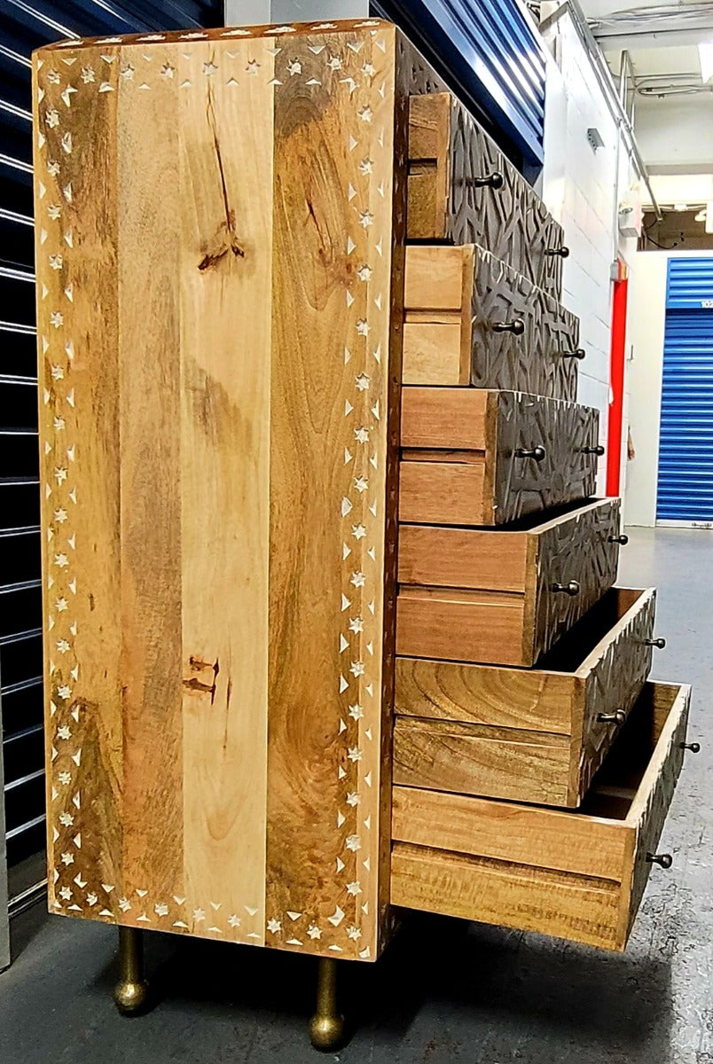 Mughal Garden Geometrical Carved Natural 2 Tone 6 Drawer Chest