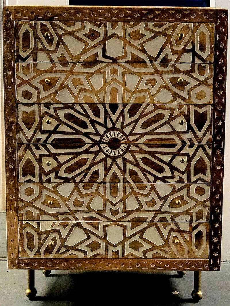 Mughal Garden Geometrical Carved Natural 2 Tone 6 Drawer Chest